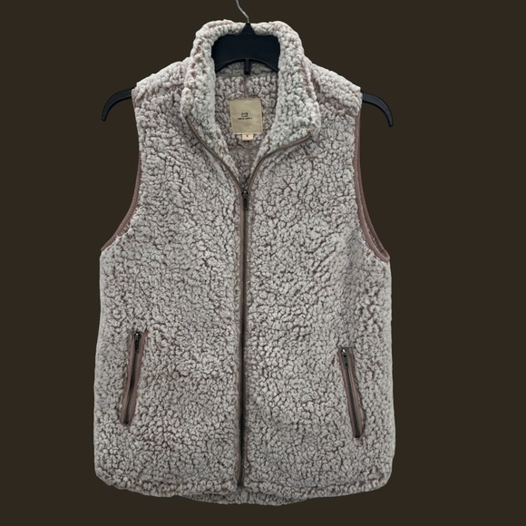 Thread + Supply Jackets & Blazers - Thread Supply Sherpa Fleece Vest Womens Small Beige Zip Pockets Lightweight Cozy